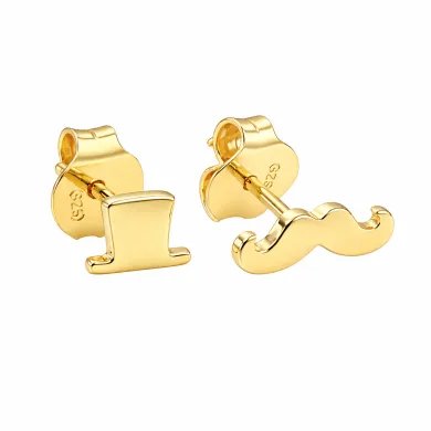 Hat & Mustache Stud Earrings Gold Plated 925 Silver Unisex Jewelry