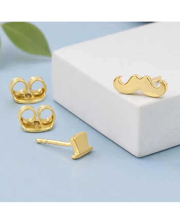 Hat & Mustache Stud Earrings Gold Plated 925 Silver Unisex Jewelry