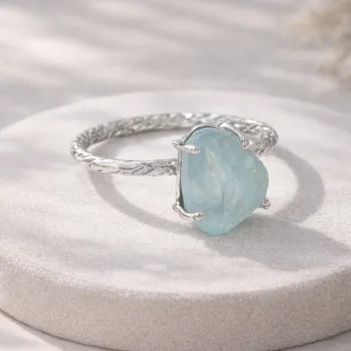 Raw Aquamarine Ring in 925 Sterling Silver Handmade Gemstone Jewelry
