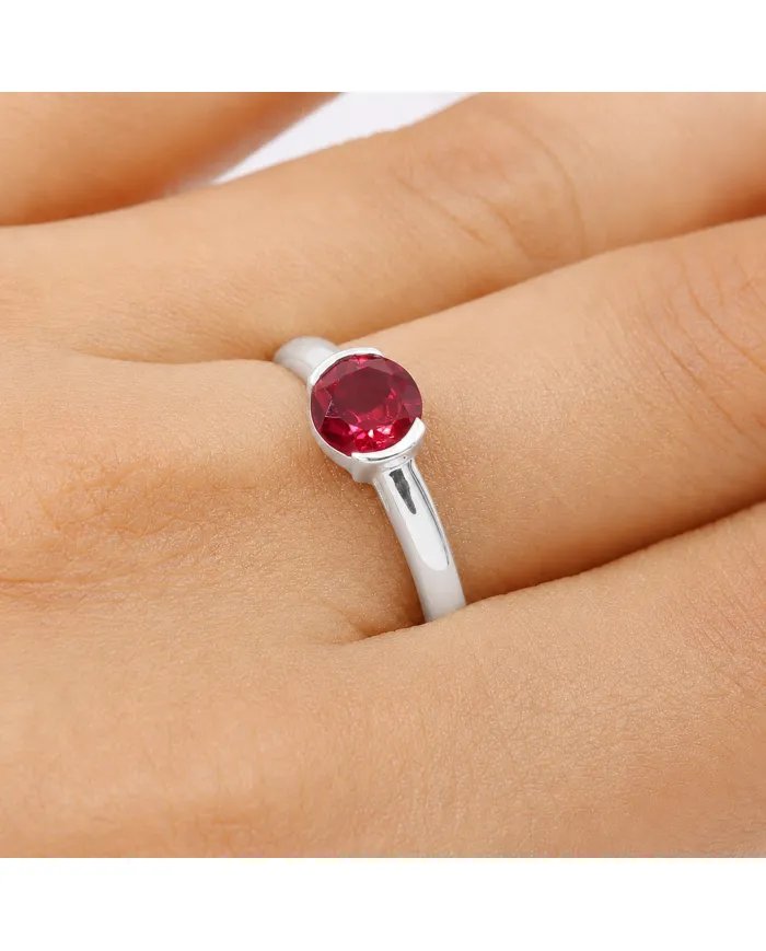 Ruby Ring 925 Sterling Silver Handmade Minimalist Round Gemstone