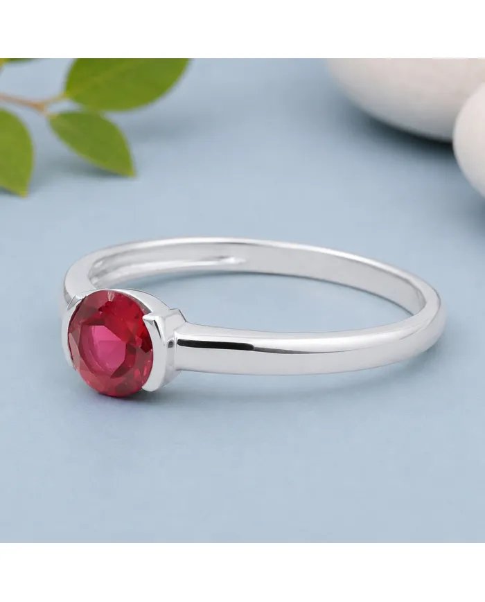 Ruby Ring 925 Sterling Silver Handmade Minimalist Round Gemstone
