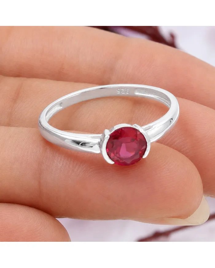 Ruby Ring 925 Sterling Silver Handmade Minimalist Round Gemstone