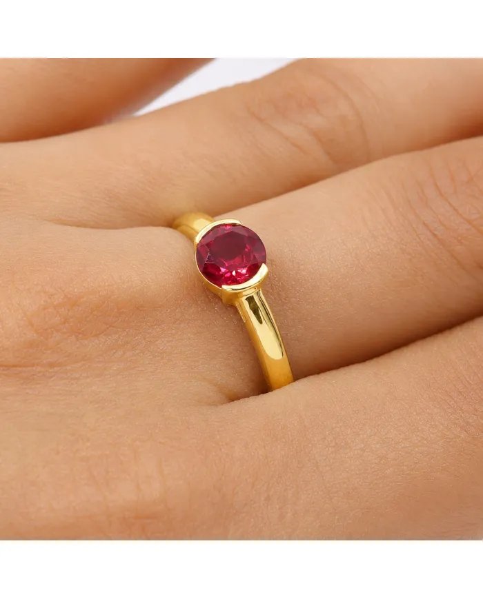 Ruby Ring Gold Plated 925 Silver Handmade Minimalist Round Gemstone