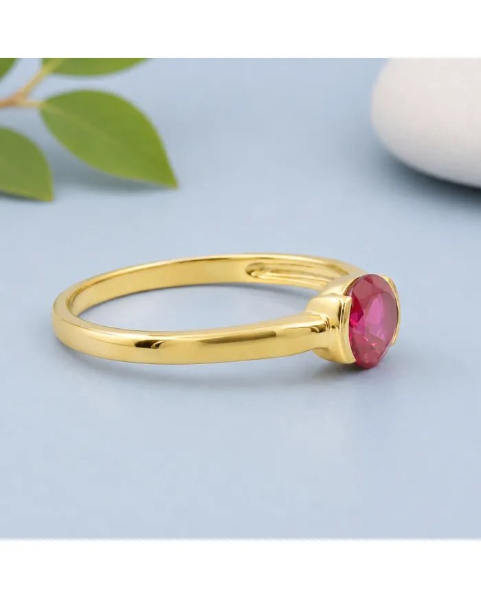 Ruby Ring Gold Plated 925 Silver Handmade Minimalist Round Gemstone