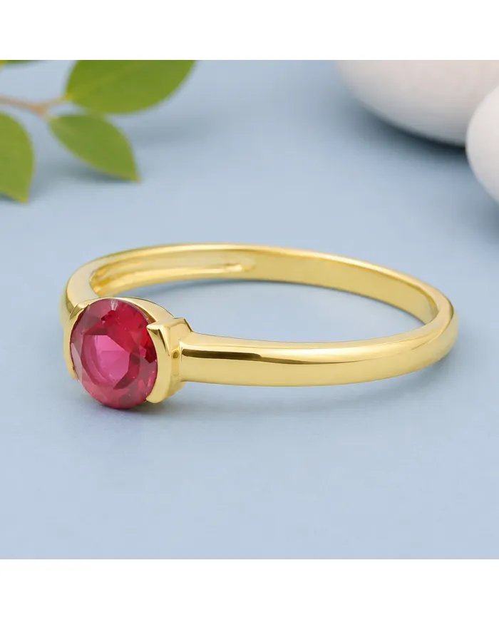 Ruby Ring Gold Plated 925 Silver Handmade Minimalist Round Gemstone