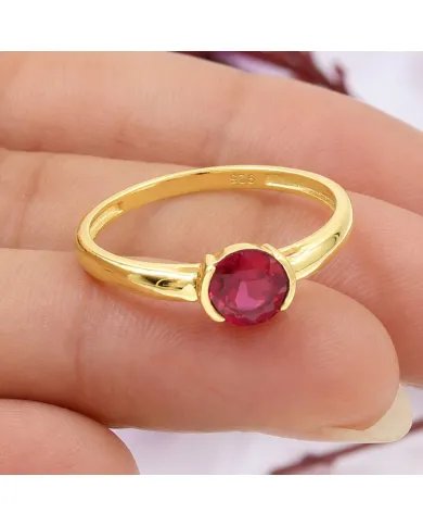 Ruby Ring Gold Plated 925 Silver Handmade Minimalist Round Gemstone