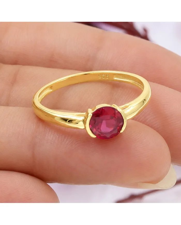 Ruby Ring Gold Plated 925 Silver Handmade Minimalist Round Gemstone