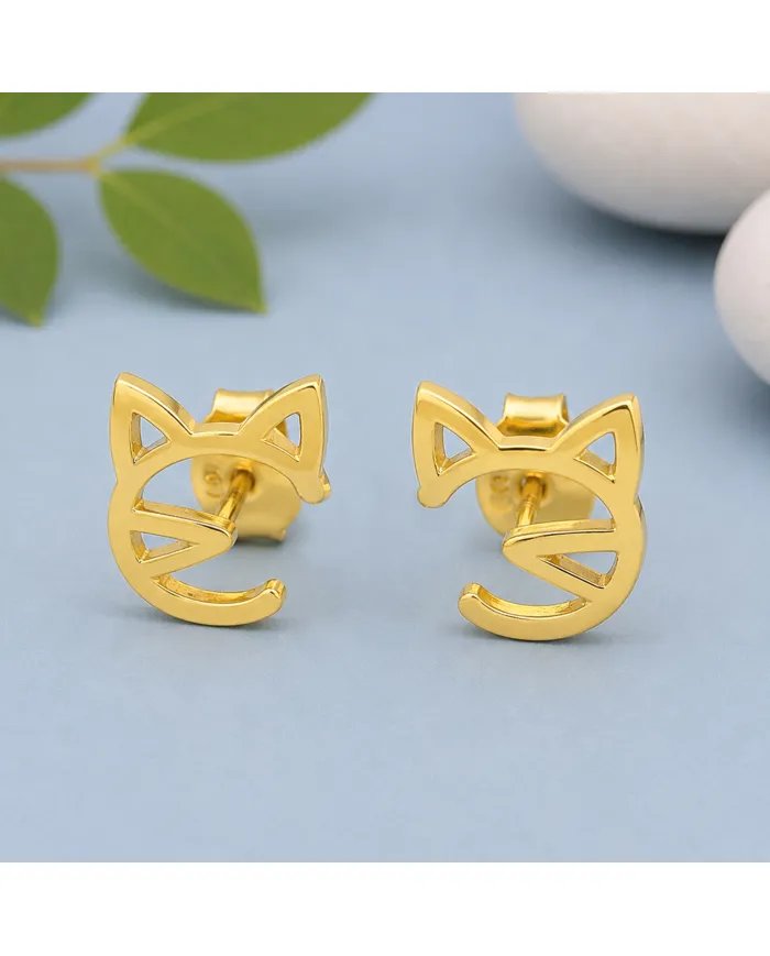 18K Gold Plated 925 Silver Cat Stud Earrings – Handmade Mini Jewelry