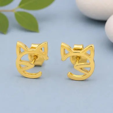 18K Gold Plated 925 Silver Cat Stud Earrings – Handmade Mini Jewelry