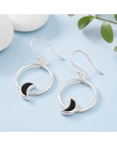 Black Onyx Moon Shaped Dangle Earrings in 925 Sterling Silver