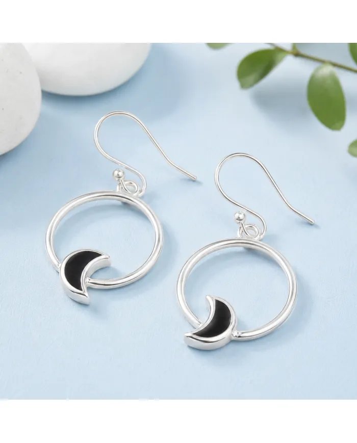 Black Onyx Moon Shaped Dangle Earrings in 925 Sterling Silver