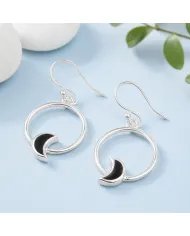 Black Onyx Moon Shaped Dangle Earrings in 925 Sterling Silver
