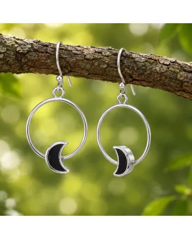 Black Onyx Moon Shaped Dangle Earrings in 925 Sterling Silver