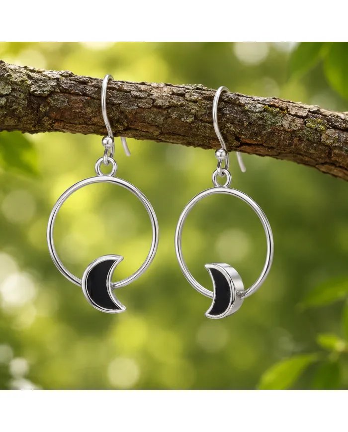 Black Onyx Moon Shaped Dangle Earrings in 925 Sterling Silver