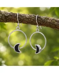 Black Onyx Moon Shaped Dangle Earrings in 925 Sterling Silver