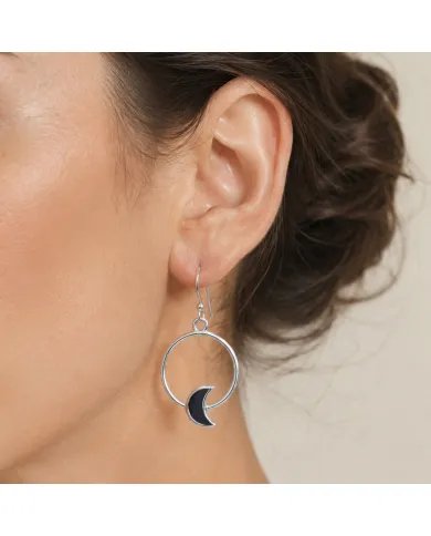 Black Onyx Moon Shaped Dangle Earrings in 925 Sterling Silver
