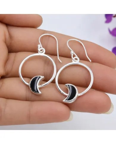Black Onyx Moon Shaped Dangle Earrings in 925 Sterling Silver