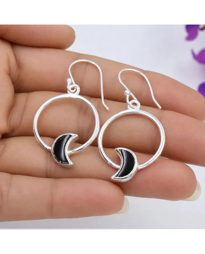 Black Onyx Moon Shaped Dangle Earrings in 925 Sterling Silver