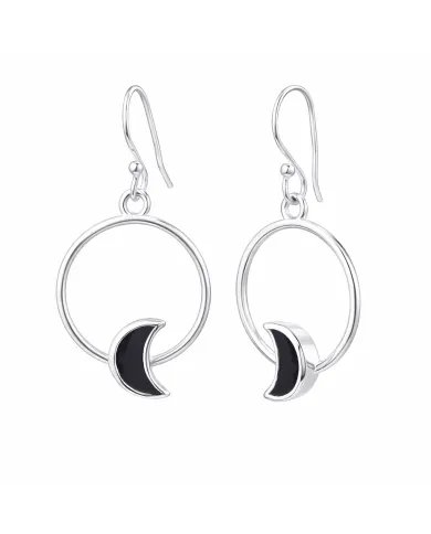 Black Onyx Moon Shaped Dangle Earrings in 925 Sterling Silver