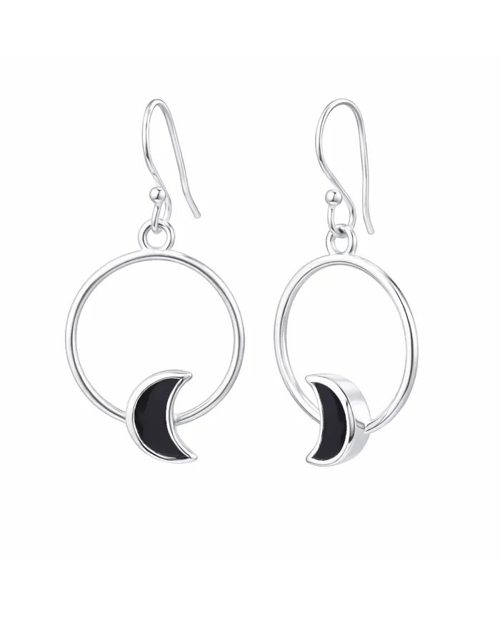 Black Onyx Moon Shaped Dangle Earrings in 925 Sterling Silver