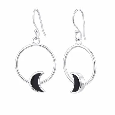 Black Onyx Moon Shaped Dangle Earrings in 925 Sterling Silver