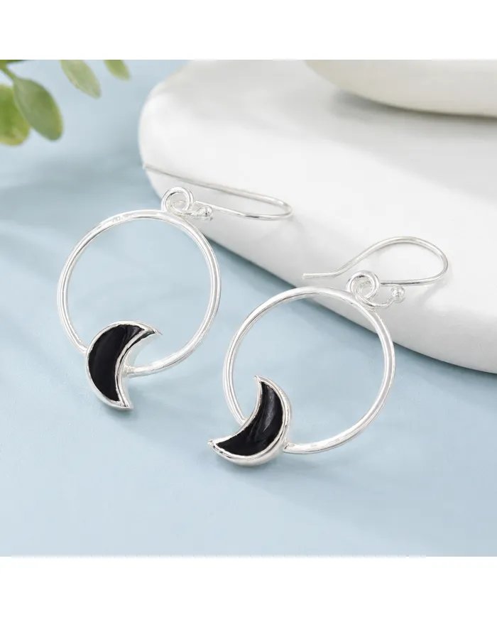 Black Onyx Moon Shaped Dangle Earrings in 925 Sterling Silver