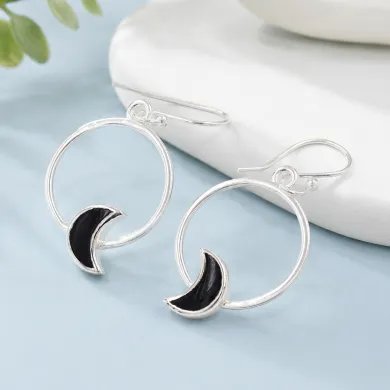 Black Onyx Moon Shaped Dangle Earrings in 925 Sterling Silver