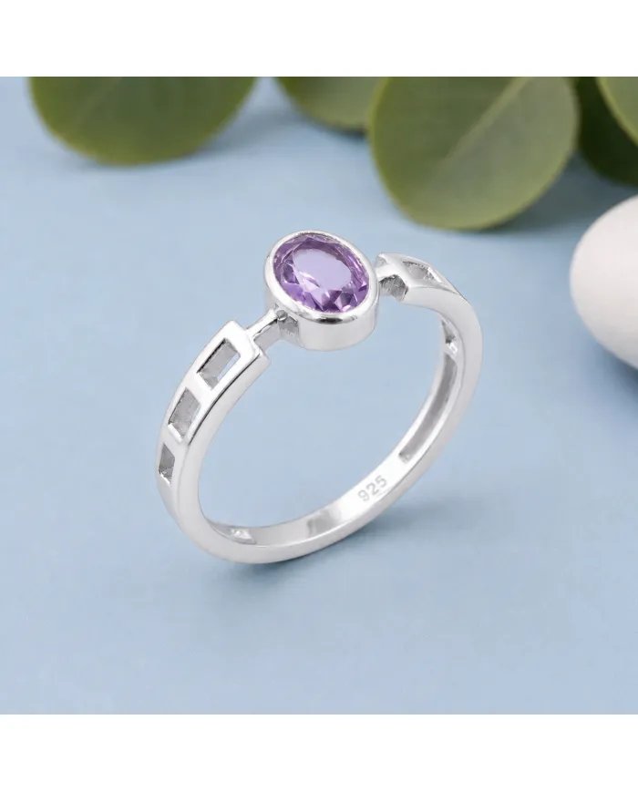 Amethyst Oval Cut Ring in 925 Sterling Silver Handmade Minimalist Band