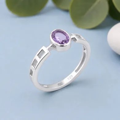 Amethyst Oval Cut Ring in 925 Sterling Silver Handmade Minimalist Band