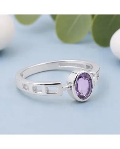 Amethyst Oval Cut Ring in 925 Sterling Silver Handmade Minimalist Band