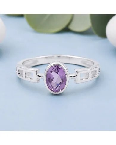 Amethyst Oval Cut Ring in 925 Sterling Silver Handmade Minimalist Band