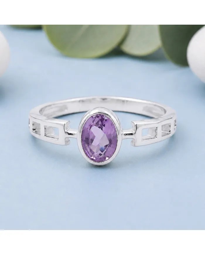 Amethyst Oval Cut Ring in 925 Sterling Silver Handmade Minimalist Band