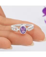 Amethyst Oval Cut Ring in 925 Sterling Silver Handmade Minimalist Band