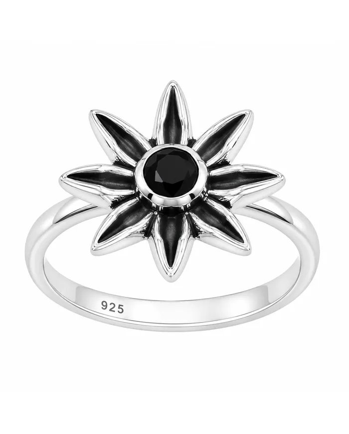Black Onyx Ring - 925 Sterling Silver Handmade Flower Design
