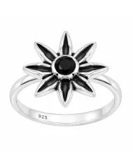 Black Onyx Ring - 925 Sterling Silver Handmade Flower Design