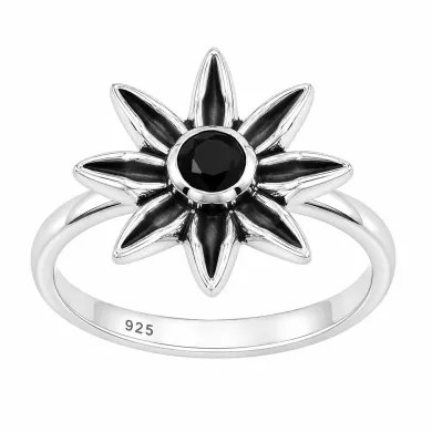 Black Onyx Ring - 925 Sterling Silver Handmade Flower Design