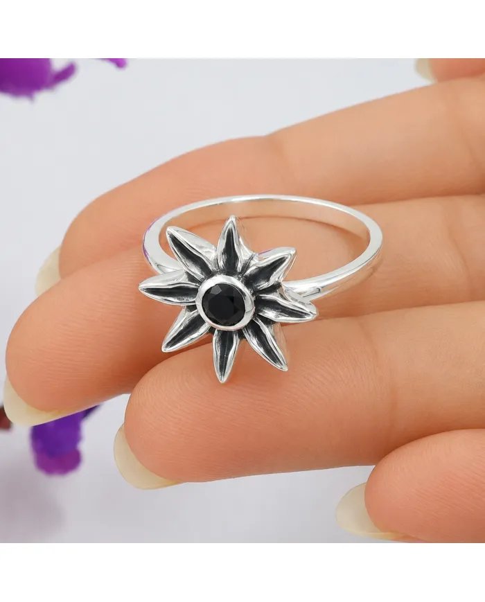 Black Onyx Ring - 925 Sterling Silver Handmade Flower Design