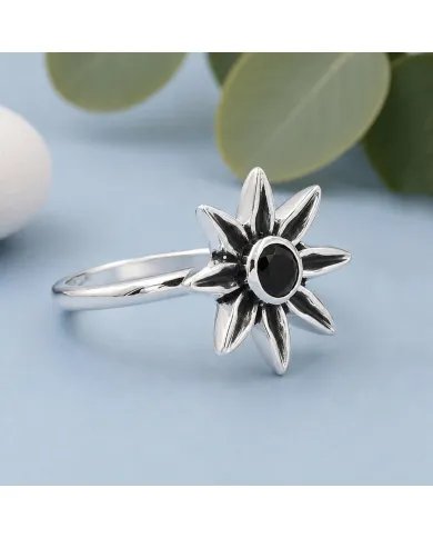 Black Onyx Ring - 925 Sterling Silver Handmade Flower Design