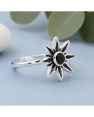 Black Onyx Ring - 925 Sterling Silver Handmade Flower Design