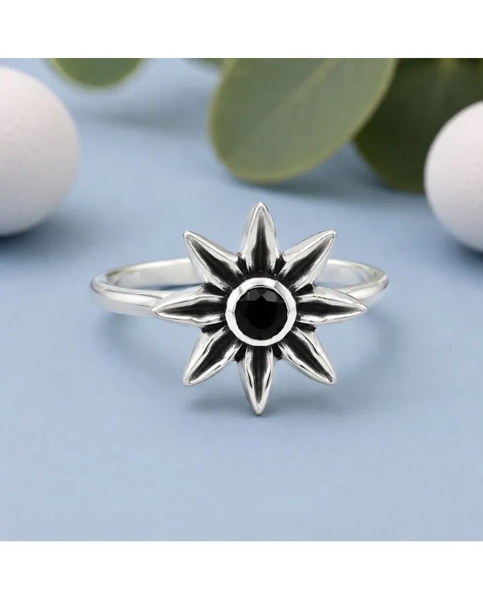 Black Onyx Ring - 925 Sterling Silver Handmade Flower Design