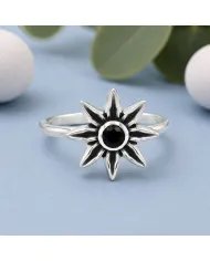 Black Onyx Ring - 925 Sterling Silver Handmade Flower Design