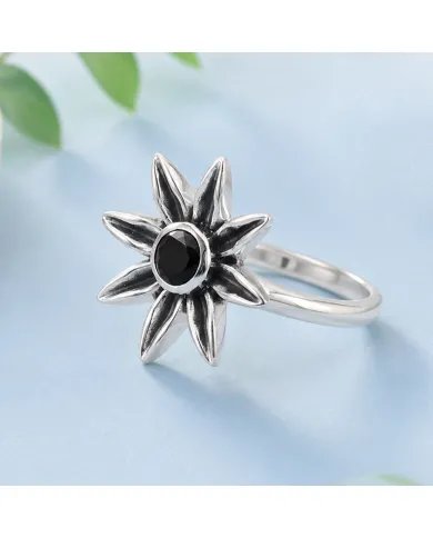 Black Onyx Ring - 925 Sterling Silver Handmade Flower Design