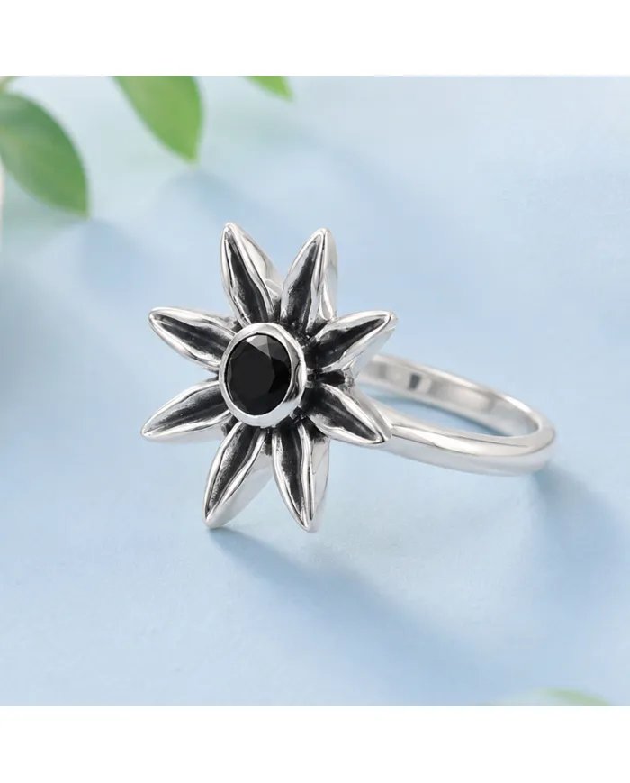 Black Onyx Ring - 925 Sterling Silver Handmade Flower Design