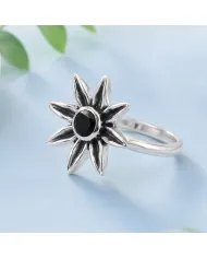 Black Onyx Ring - 925 Sterling Silver Handmade Flower Design
