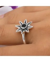 Black Onyx Ring - 925 Sterling Silver Handmade Flower Design