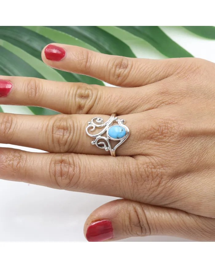 Arizona Turquoise Oval Gemstone Ring - 925 Sterling Silver Boho Vintage