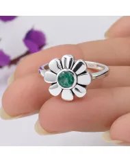 Emerald Solitaire Flower Ring 925 Sterling Silver Handmade Gift