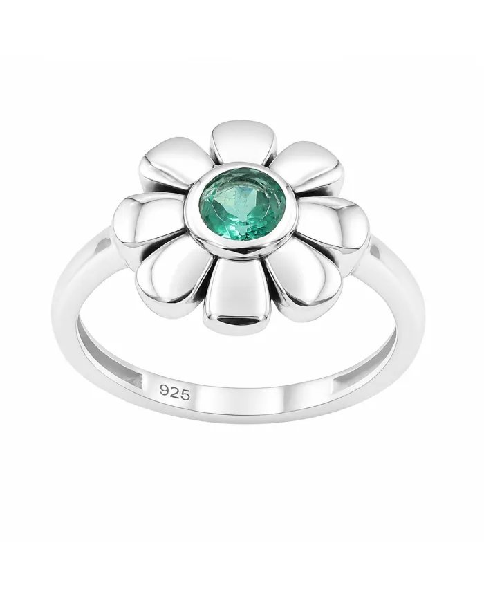 Emerald Solitaire Flower Ring 925 Sterling Silver Handmade Gift