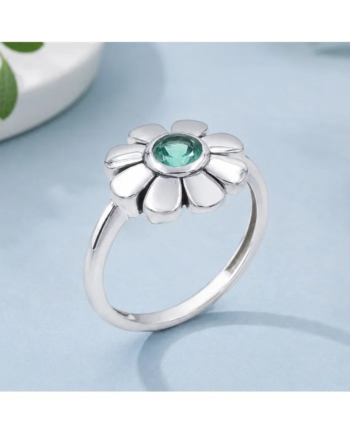 Emerald Solitaire Flower Ring 925 Sterling Silver Handmade Gift