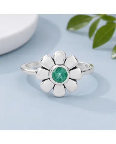 Emerald Solitaire Flower Ring 925 Sterling Silver Handmade Gift